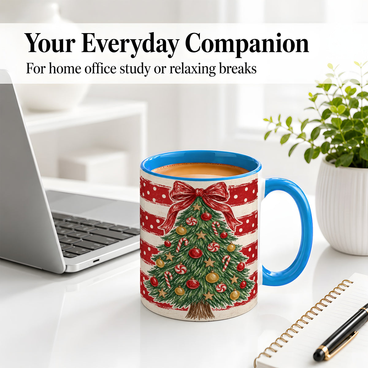 #pl[11oz|Blue] Vintage Christmas Tree Ceramic Mug, Red Stripe Holiday Design