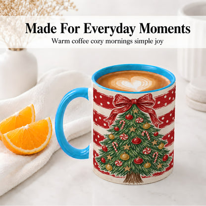 #pl[11oz|Blue] Vintage Christmas Tree Ceramic Mug, Red Stripe Holiday Design