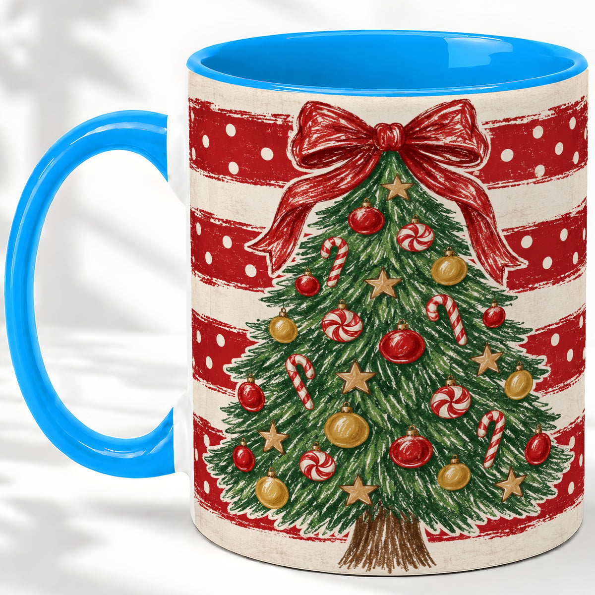 #pl[11oz|Blue] Vintage Christmas Tree Ceramic Mug, Red Stripe Holiday Design