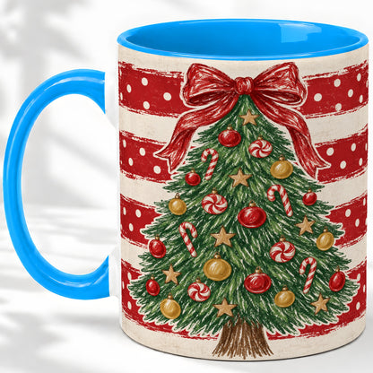 #pl[11oz|Blue] Vintage Christmas Tree Ceramic Mug, Red Stripe Holiday Design