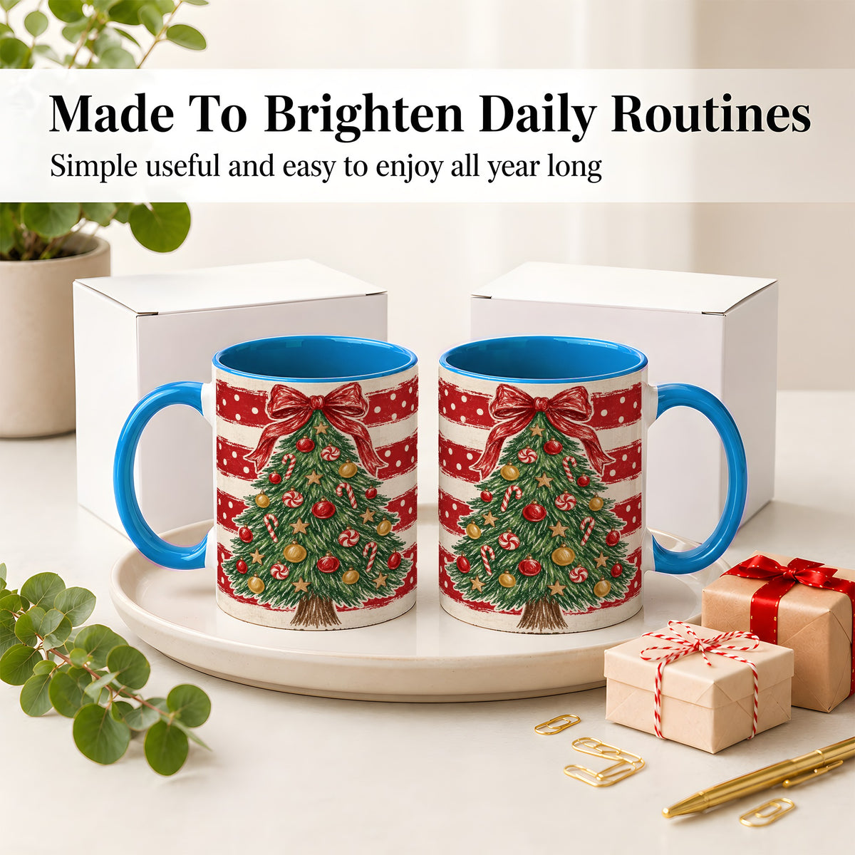 #pl[11oz|Blue] Vintage Christmas Tree Ceramic Mug, Red Stripe Holiday Design