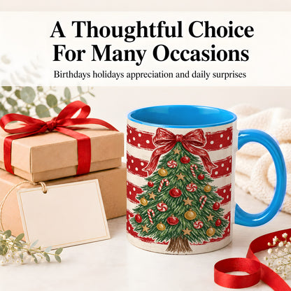 #pl[11oz|Blue] Vintage Christmas Tree Ceramic Mug, Red Stripe Holiday Design
