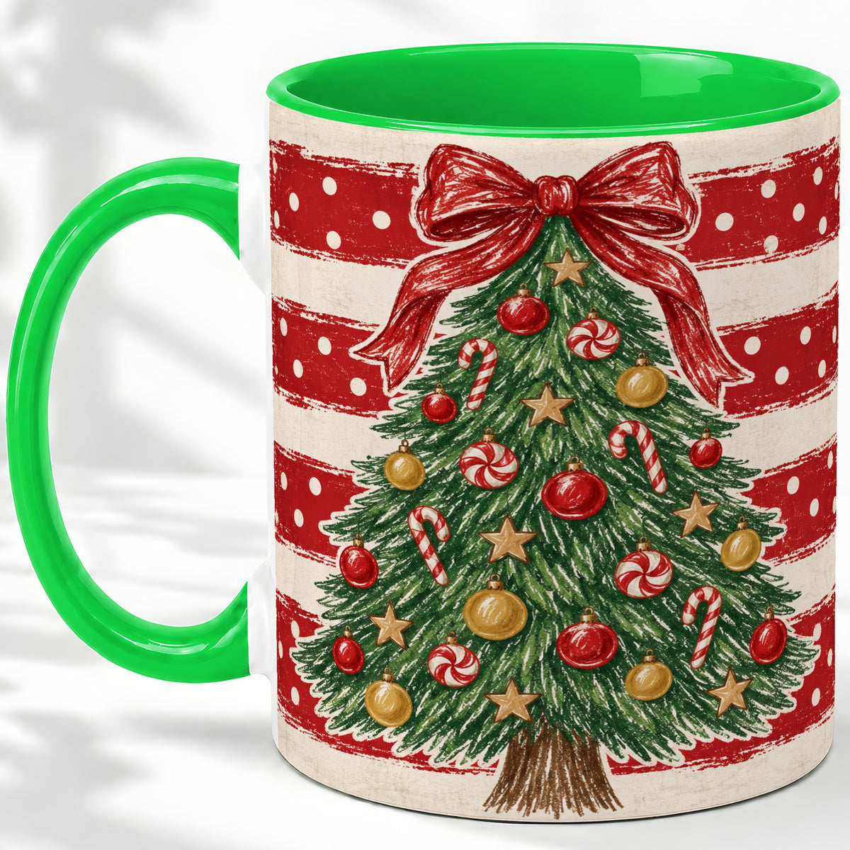 #pl[11oz|Green] Vintage Christmas Tree Ceramic Mug, Red Stripe Holiday Design