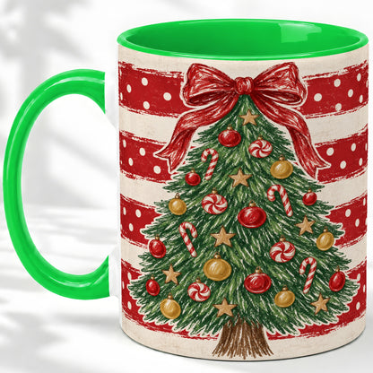 #pl[11oz|Green] Vintage Christmas Tree Ceramic Mug, Red Stripe Holiday Design