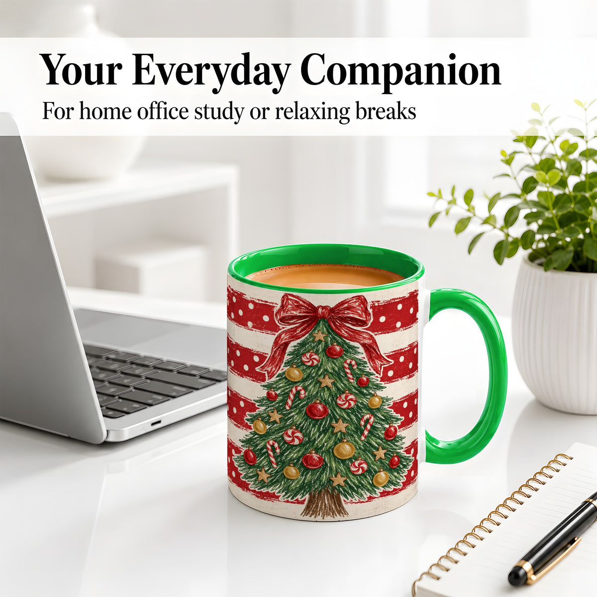 #pl[11oz|Green] Vintage Christmas Tree Ceramic Mug, Red Stripe Holiday Design