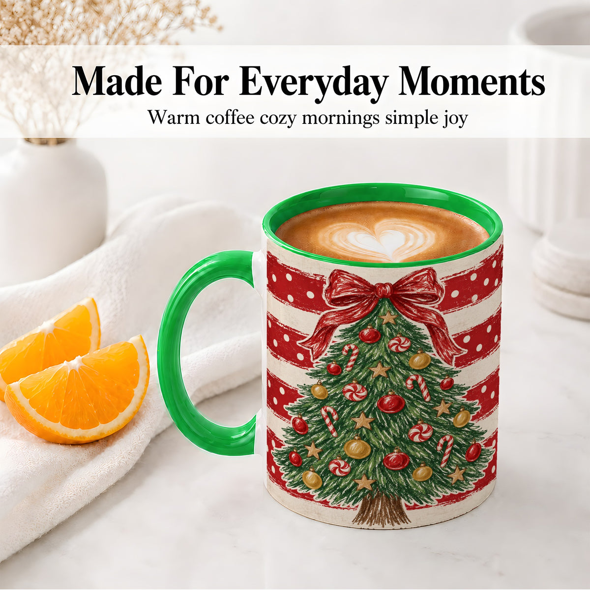 #pl[11oz|Green] Vintage Christmas Tree Ceramic Mug, Red Stripe Holiday Design