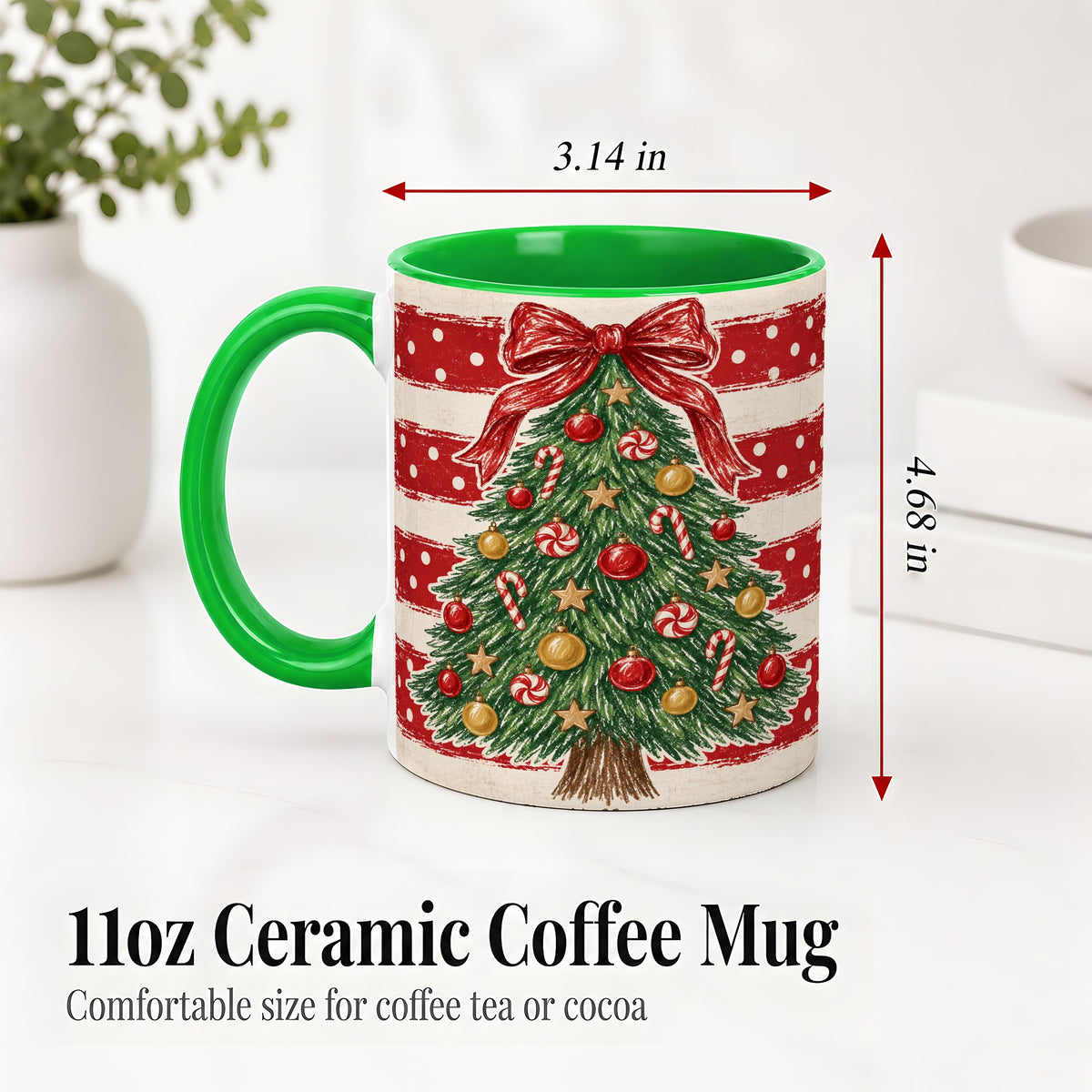 #pl[11oz|Green] Vintage Christmas Tree Ceramic Mug, Red Stripe Holiday Design