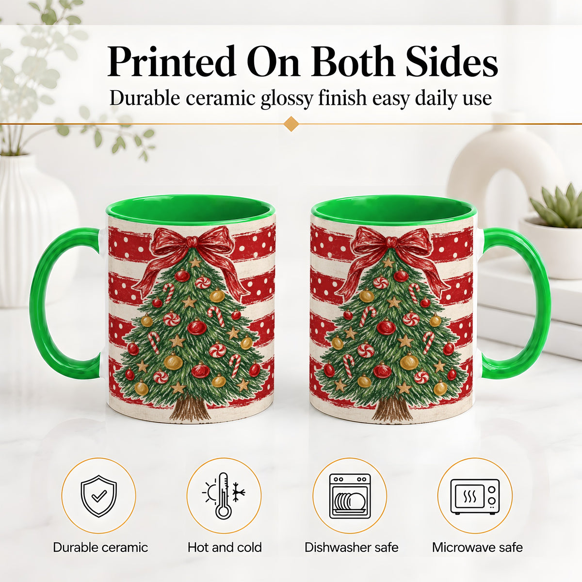 #pl[11oz|Green] Vintage Christmas Tree Ceramic Mug, Red Stripe Holiday Design