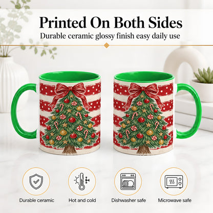 #pl[11oz|Green] Vintage Christmas Tree Ceramic Mug, Red Stripe Holiday Design