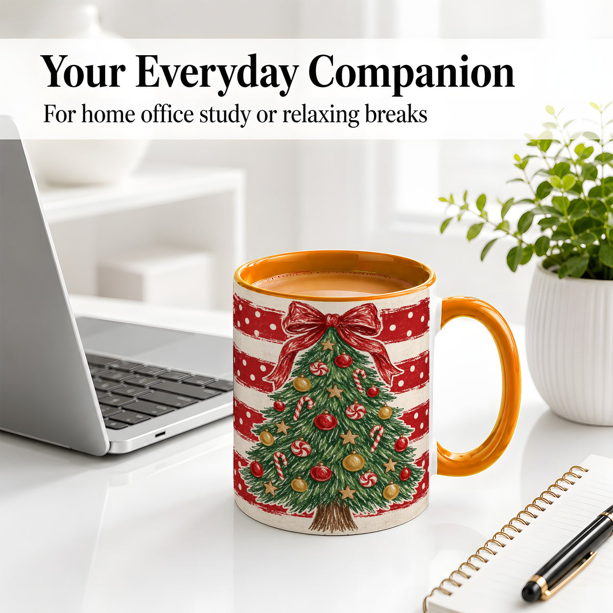 #pl[11oz|Orange] Vintage Christmas Tree Ceramic Mug, Red Stripe Holiday Design