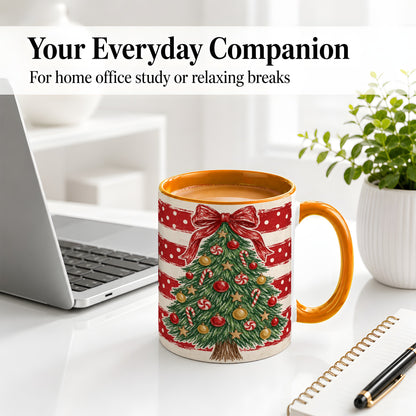 #pl[11oz|Orange] Vintage Christmas Tree Ceramic Mug, Red Stripe Holiday Design
