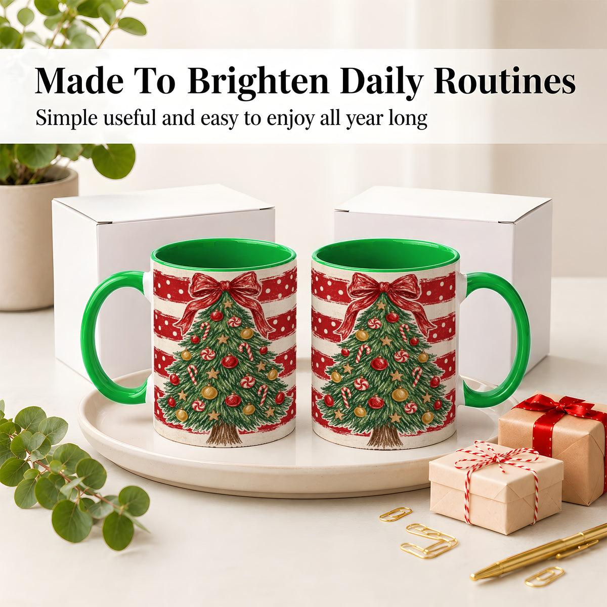#pl[11oz|Green] Vintage Christmas Tree Ceramic Mug, Red Stripe Holiday Design
