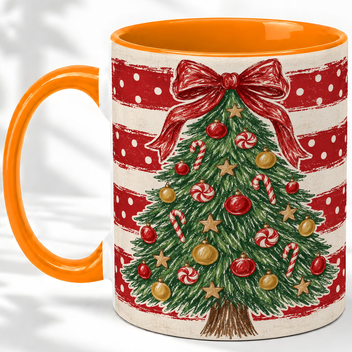 #pl[11oz|Orange] Vintage Christmas Tree Ceramic Mug, Red Stripe Holiday Design