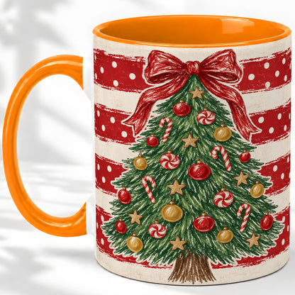 #pl[11oz|Orange] Vintage Christmas Tree Ceramic Mug, Red Stripe Holiday Design