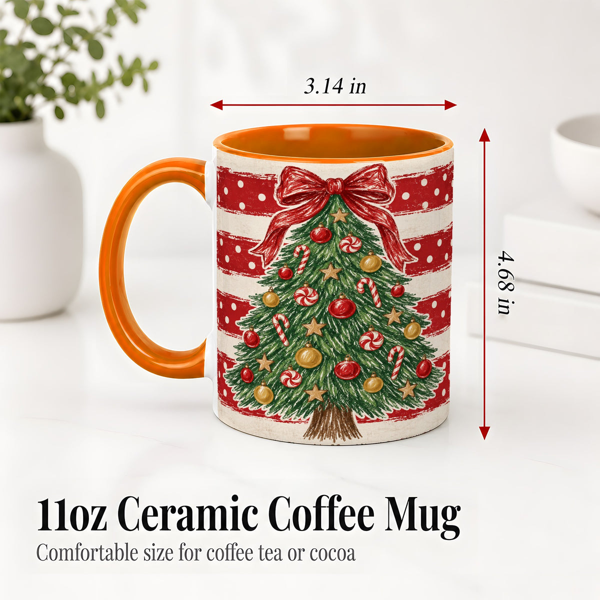 #pl[11oz|Orange] Vintage Christmas Tree Ceramic Mug, Red Stripe Holiday Design