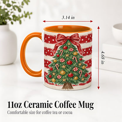 #pl[11oz|Orange] Vintage Christmas Tree Ceramic Mug, Red Stripe Holiday Design