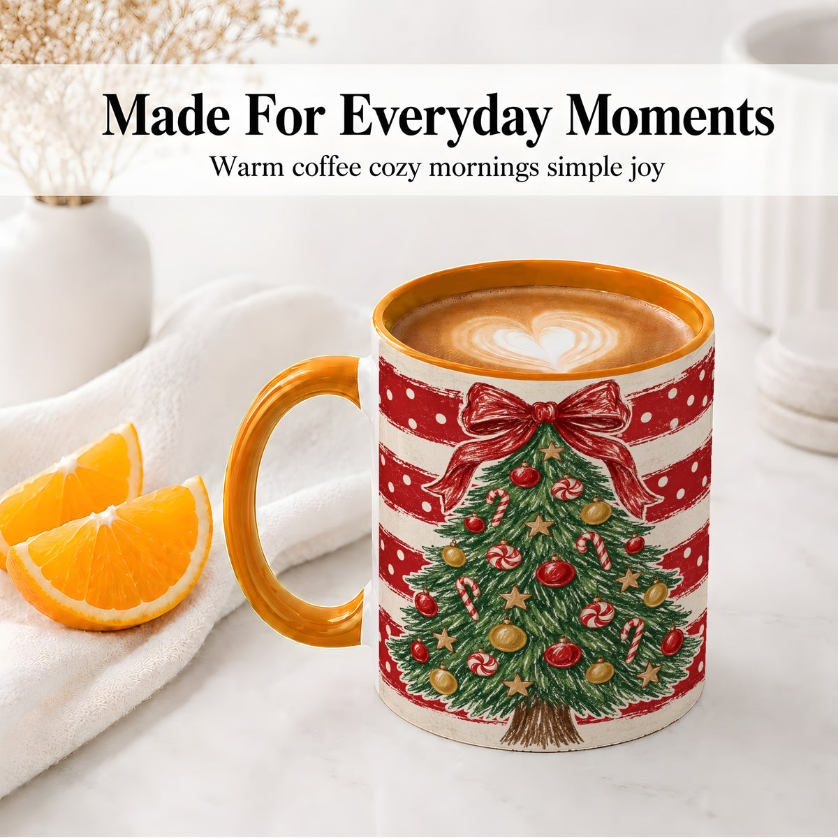 #pl[11oz|Orange] Vintage Christmas Tree Ceramic Mug, Red Stripe Holiday Design