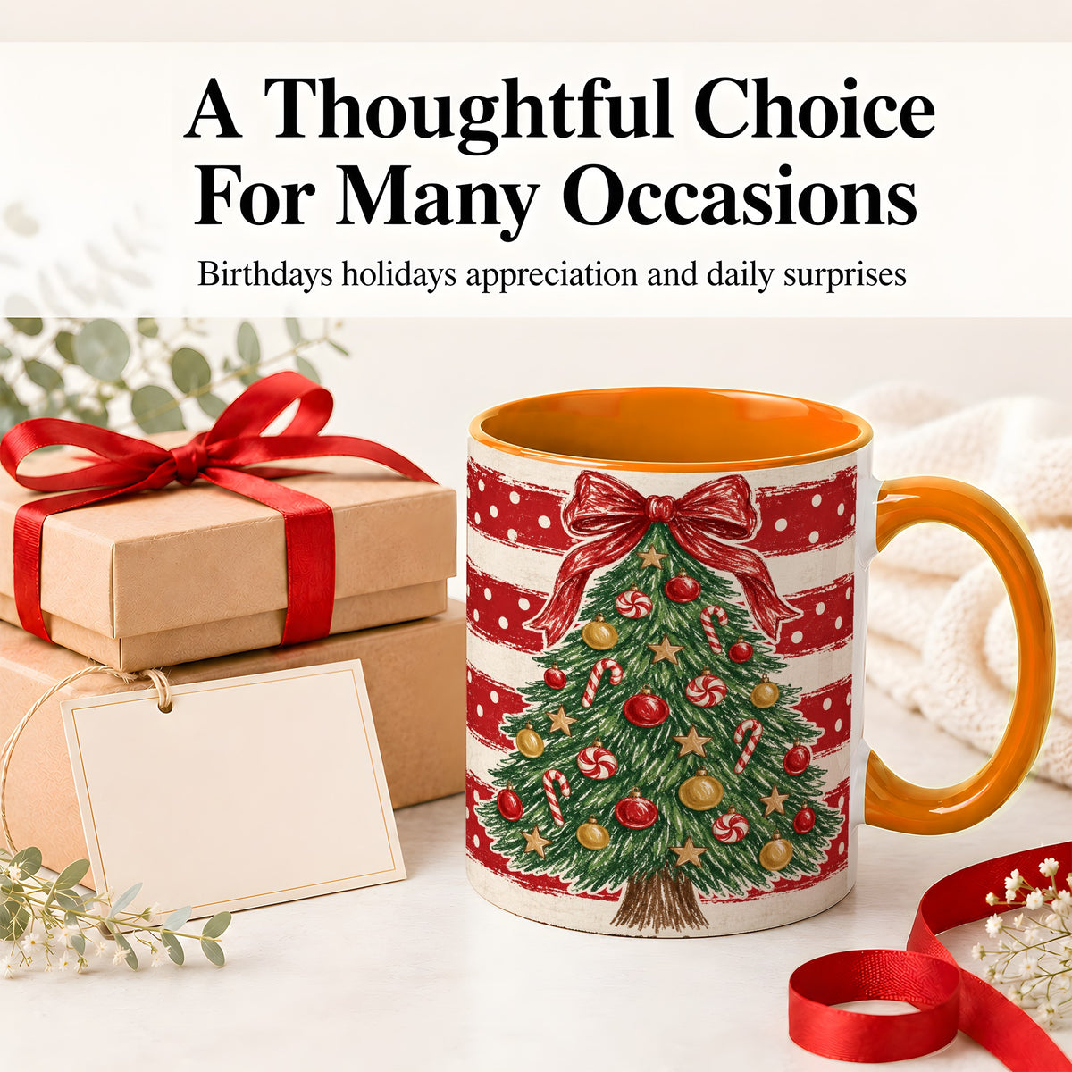 #pl[11oz|Orange] Vintage Christmas Tree Ceramic Mug, Red Stripe Holiday Design