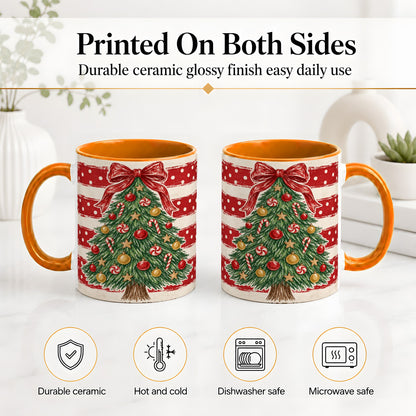 #pl[11oz|Orange] Vintage Christmas Tree Ceramic Mug, Red Stripe Holiday Design