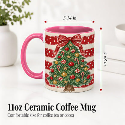#pl[11oz|Pink] Vintage Christmas Tree Ceramic Mug, Red Stripe Holiday Design
