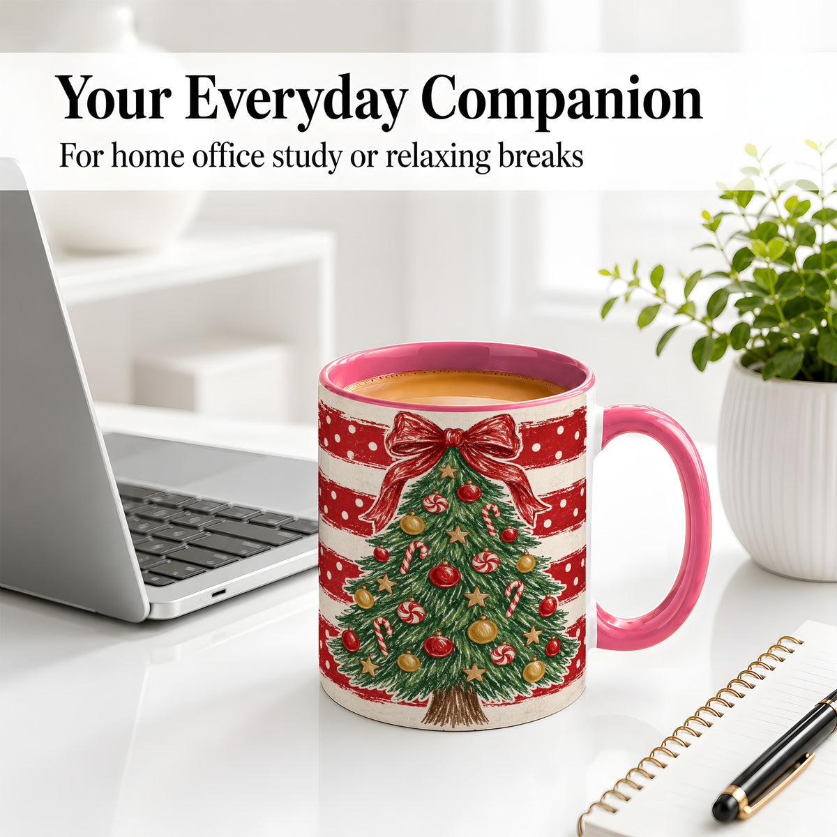 #pl[11oz|Pink] Vintage Christmas Tree Ceramic Mug, Red Stripe Holiday Design