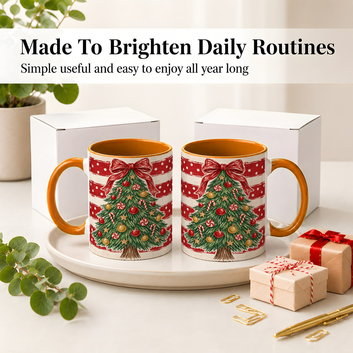 #pl[11oz|Orange] Vintage Christmas Tree Ceramic Mug, Red Stripe Holiday Design