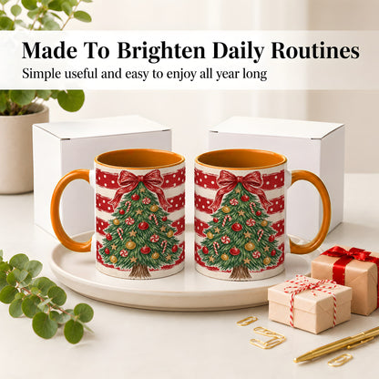 #pl[11oz|Orange] Vintage Christmas Tree Ceramic Mug, Red Stripe Holiday Design