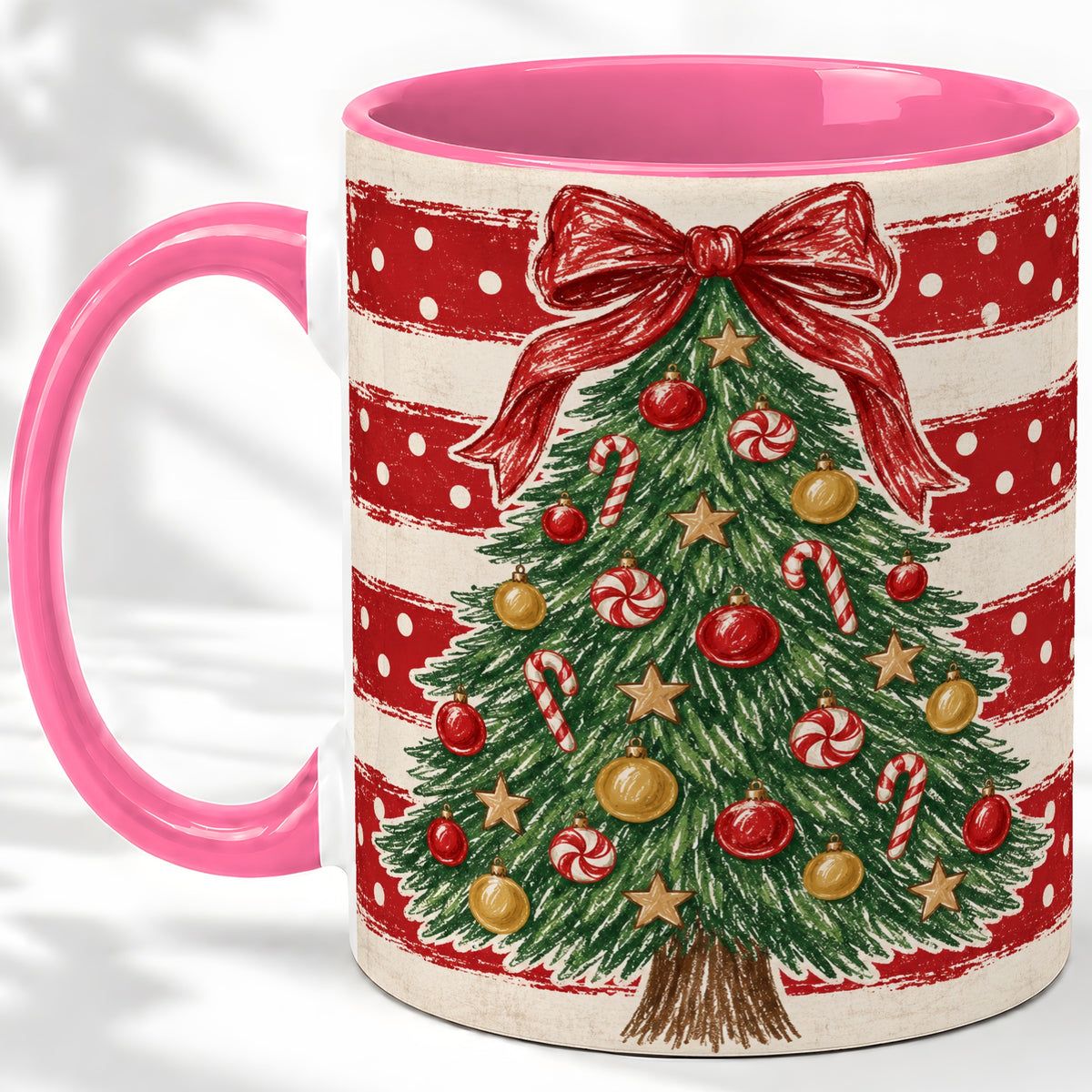 #pl[11oz|Pink] Vintage Christmas Tree Ceramic Mug, Red Stripe Holiday Design