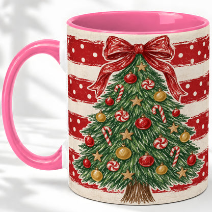 #pl[11oz|Pink] Vintage Christmas Tree Ceramic Mug, Red Stripe Holiday Design