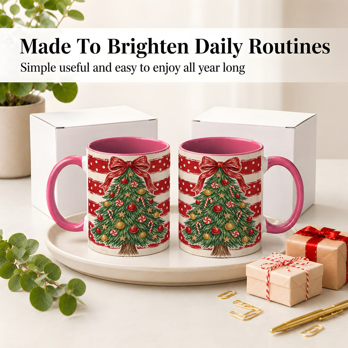 #pl[11oz|Pink] Vintage Christmas Tree Ceramic Mug, Red Stripe Holiday Design
