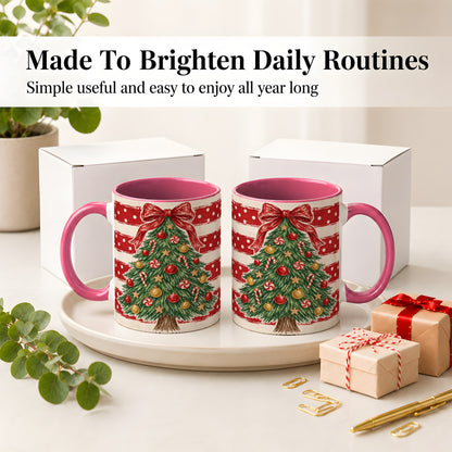 #pl[11oz|Pink] Vintage Christmas Tree Ceramic Mug, Red Stripe Holiday Design