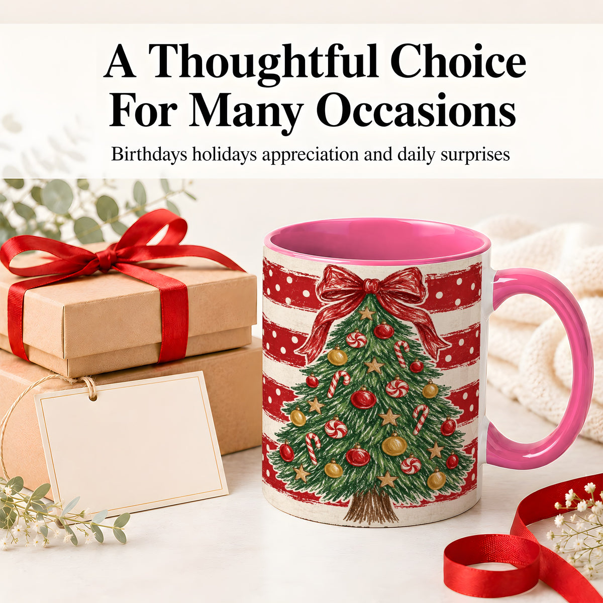 #pl[11oz|Pink] Vintage Christmas Tree Ceramic Mug, Red Stripe Holiday Design