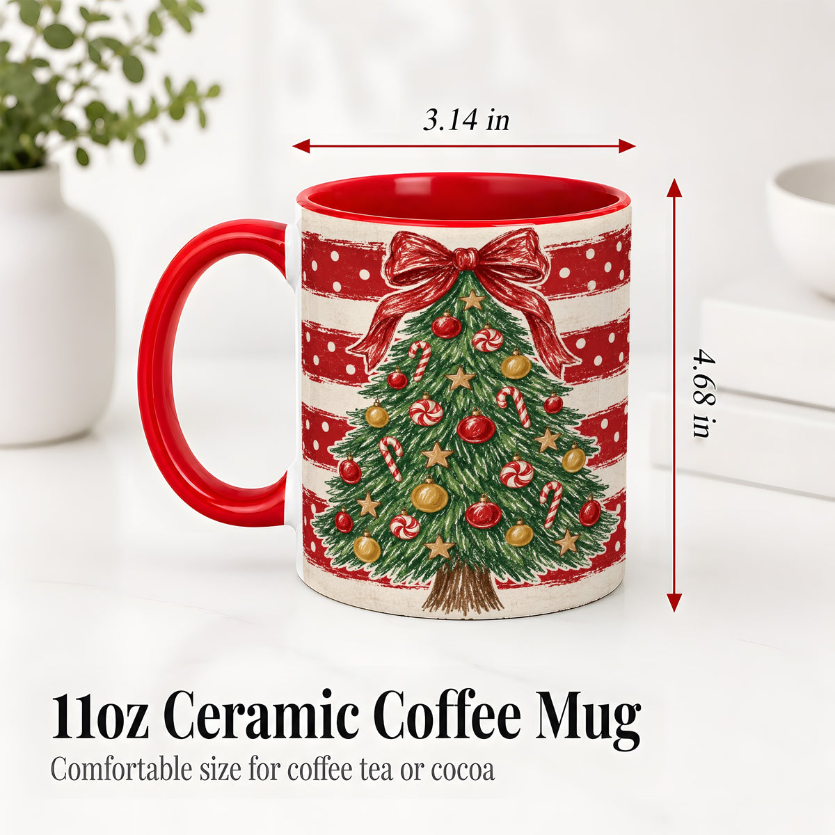 #pl[11oz|Red] Vintage Christmas Tree Ceramic Mug, Red Stripe Holiday Design
