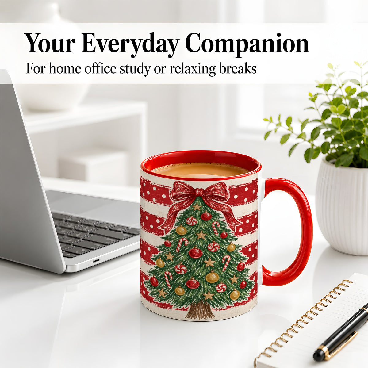 #pl[11oz|Red] Vintage Christmas Tree Ceramic Mug, Red Stripe Holiday Design