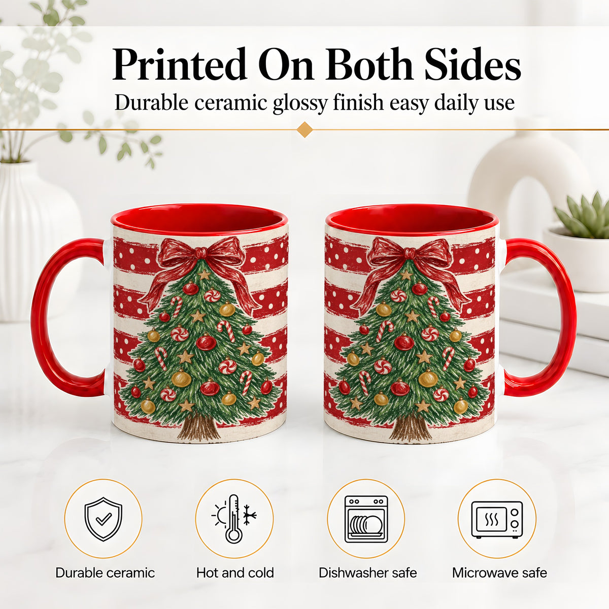 #pl[11oz|Red] Vintage Christmas Tree Ceramic Mug, Red Stripe Holiday Design