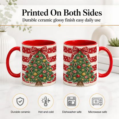 #pl[11oz|Red] Vintage Christmas Tree Ceramic Mug, Red Stripe Holiday Design