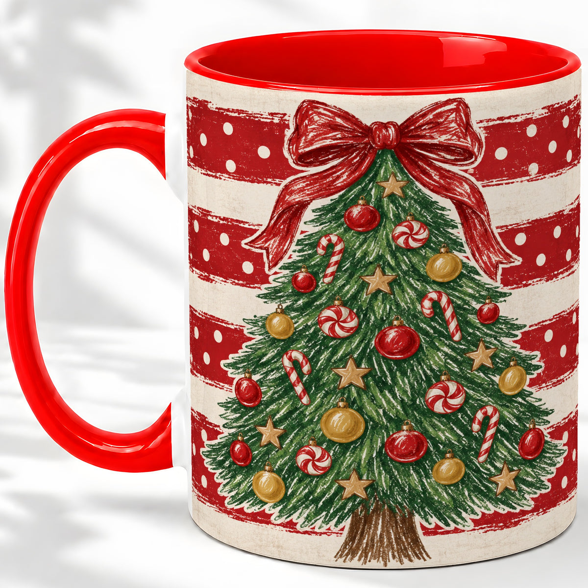 Vintage Christmas Tree Ceramic Mug, Red Stripe Holiday Design