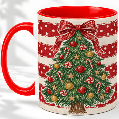 Vintage Christmas Tree Ceramic Mug, Red Stripe Holiday Design
