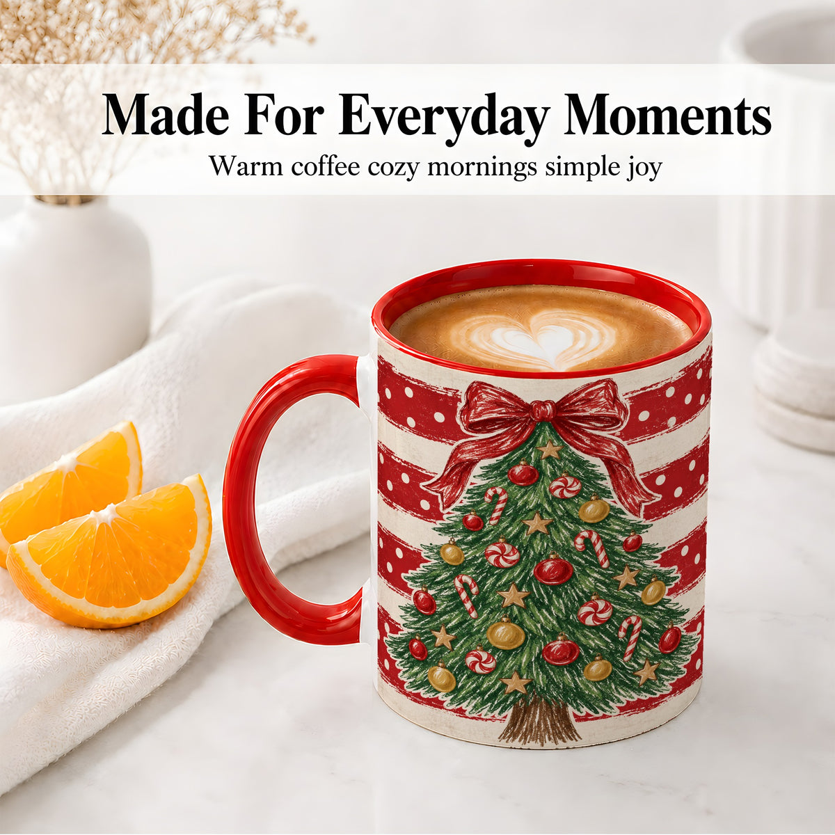 #pl[11oz|Red] Vintage Christmas Tree Ceramic Mug, Red Stripe Holiday Design