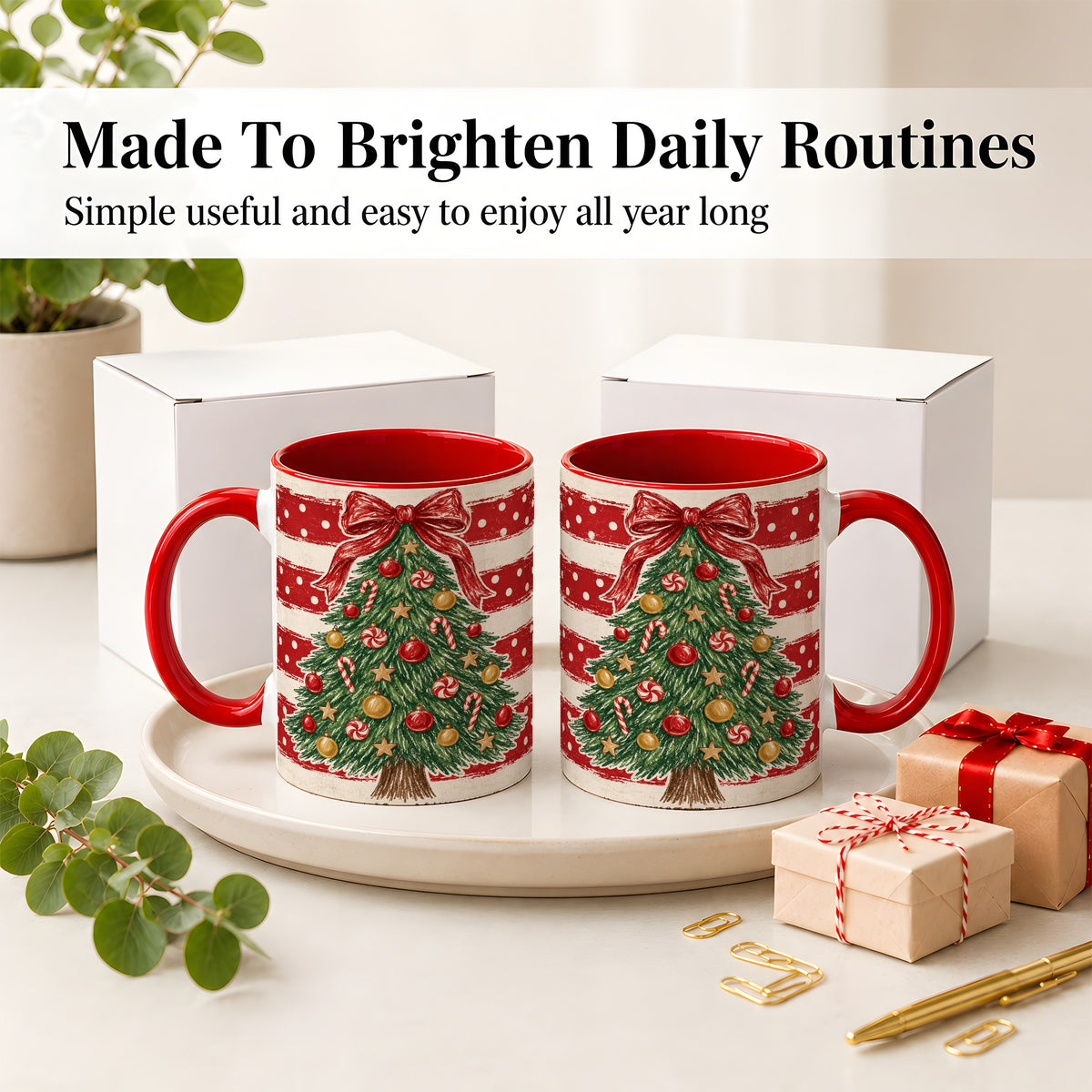 #pl[11oz|Red] Vintage Christmas Tree Ceramic Mug, Red Stripe Holiday Design
