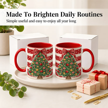#pl[11oz|Red] Vintage Christmas Tree Ceramic Mug, Red Stripe Holiday Design
