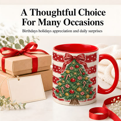 #pl[11oz|Red] Vintage Christmas Tree Ceramic Mug, Red Stripe Holiday Design