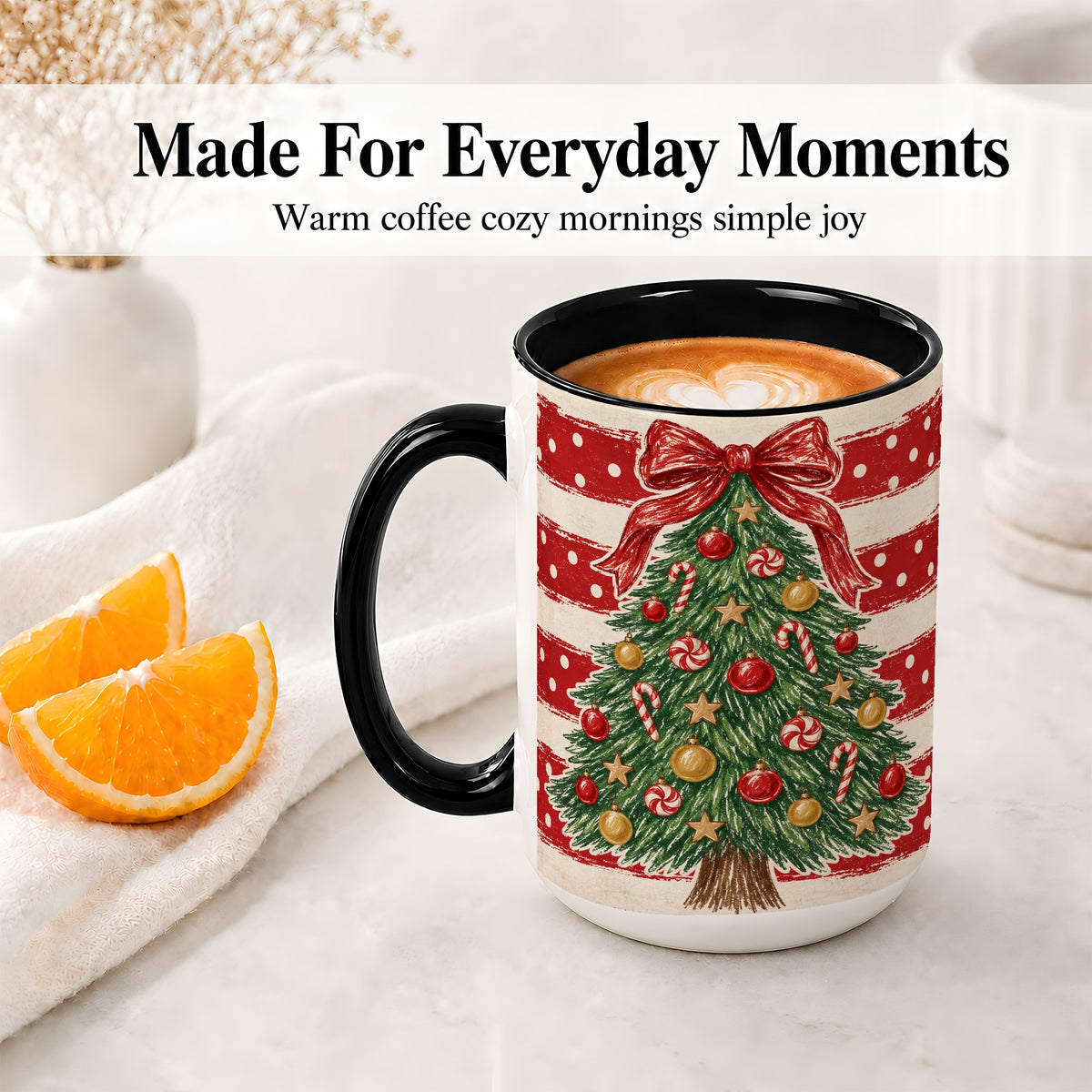 #pl[15oz|Black] Vintage Christmas Tree Ceramic Mug, Red Stripe Holiday Design