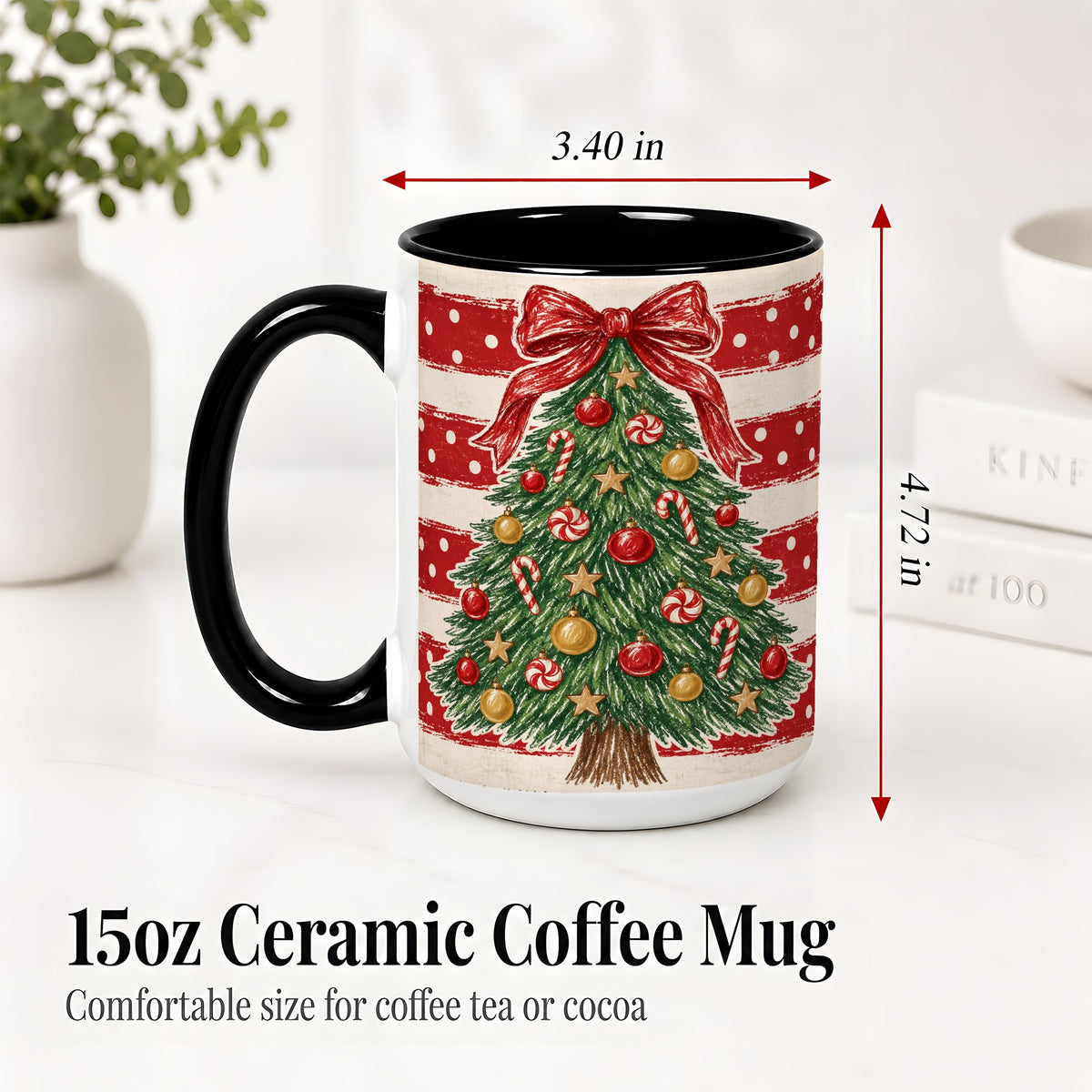 #pl[15oz|Black] Vintage Christmas Tree Ceramic Mug, Red Stripe Holiday Design