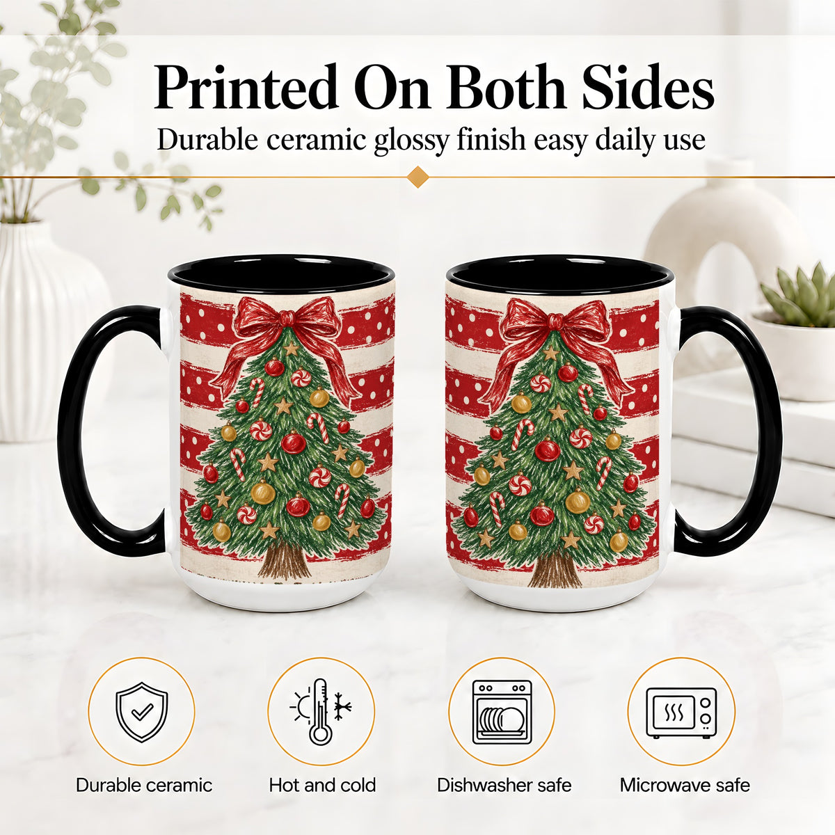 #pl[15oz|Black] Vintage Christmas Tree Ceramic Mug, Red Stripe Holiday Design
