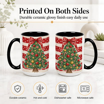 #pl[15oz|Black] Vintage Christmas Tree Ceramic Mug, Red Stripe Holiday Design