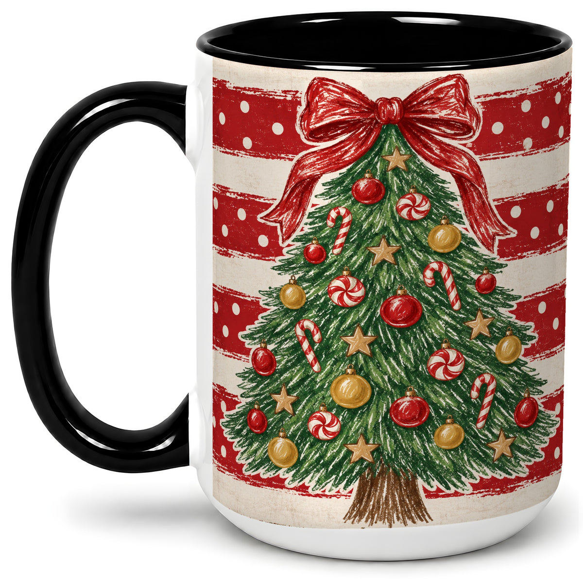 #pl[15oz|Black] Vintage Christmas Tree Ceramic Mug, Red Stripe Holiday Design