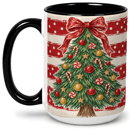 #pl[15oz|Black] Vintage Christmas Tree Ceramic Mug, Red Stripe Holiday Design
