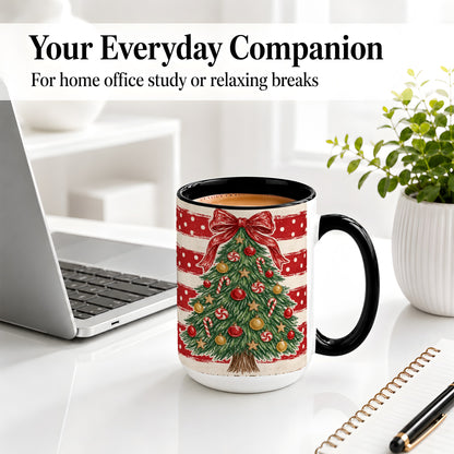 #pl[15oz|Black] Vintage Christmas Tree Ceramic Mug, Red Stripe Holiday Design