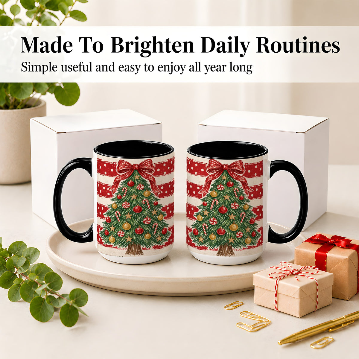 #pl[15oz|Black] Vintage Christmas Tree Ceramic Mug, Red Stripe Holiday Design